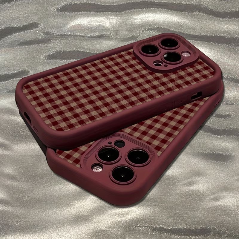 Phone Cases Vintage - Casing HP TPU Motif Kotak-kotak Merah-Keemasan